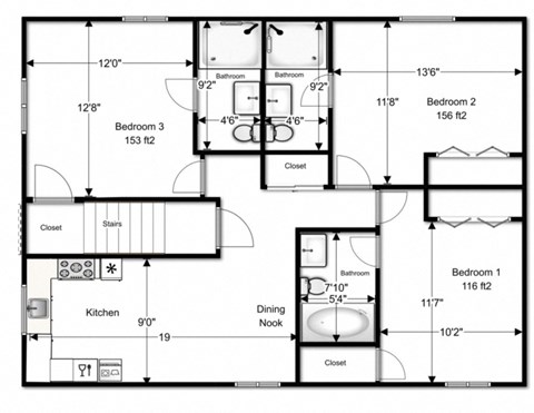 Floor plan for 1 bed, 1 bath, 160 sqft